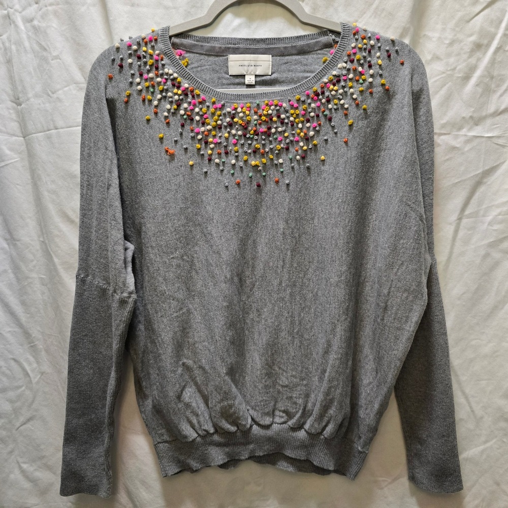 Anthropologie Angel of the North Embellished Sweater Colorful Pom Pom Knit Top M